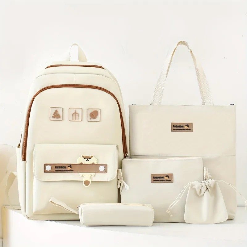 

Простой универсальный однотонный женский студенческий рюкзак большой вместимости, повседневный холщовый комплект из 5 предметов, рюкзаки