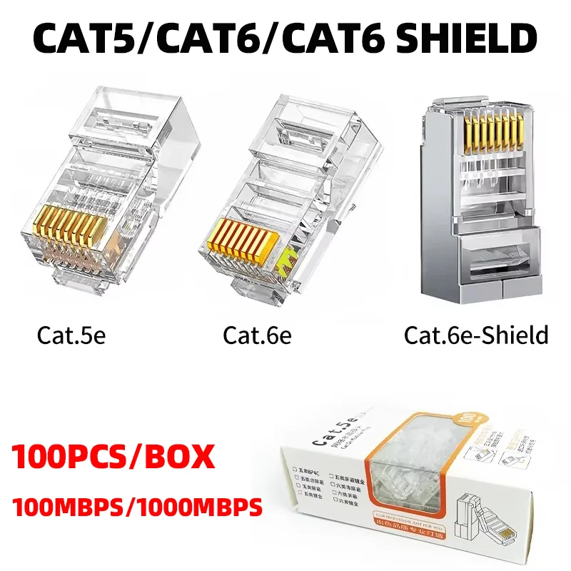 100Pcs/Box Gold-Plated Cat6 RJ45 Connector,Stable Gigabit Ethernet Crystal Heads for PC/Laptop/Router-Fast Network Transmission