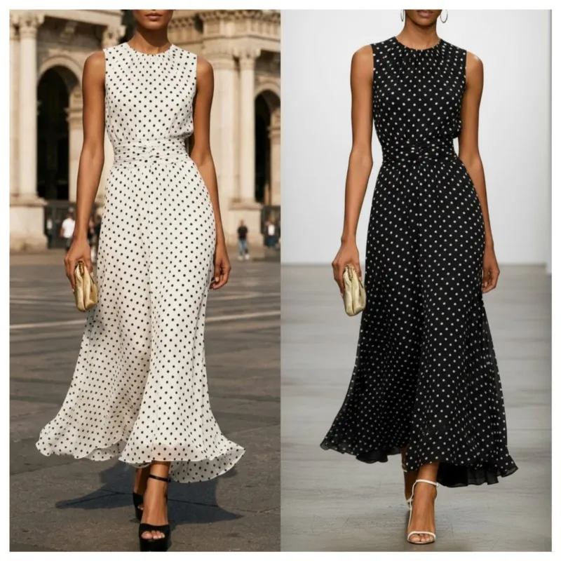 

Fashion Polka Dot Maxi Dresses Women Elegant O-neck Lotus Hem Long Gowns Chic Lady Sleeveless High Waist Bodycon Summer Robes