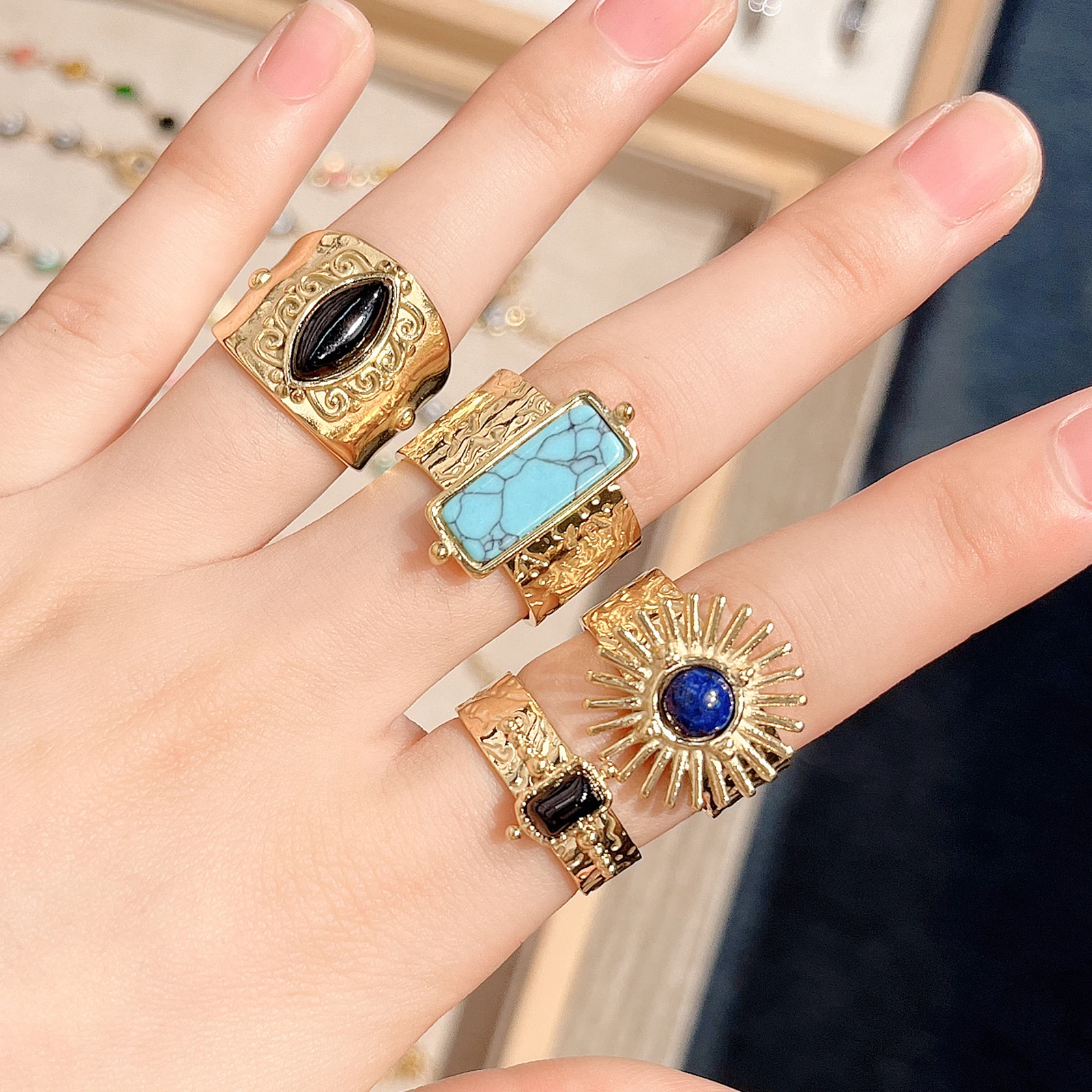2025 Retro Women Stainless Steel Waterproof Rings Unique High Quality Bohemia Natural Stone Wide Rings Open Jewelry Party Gift