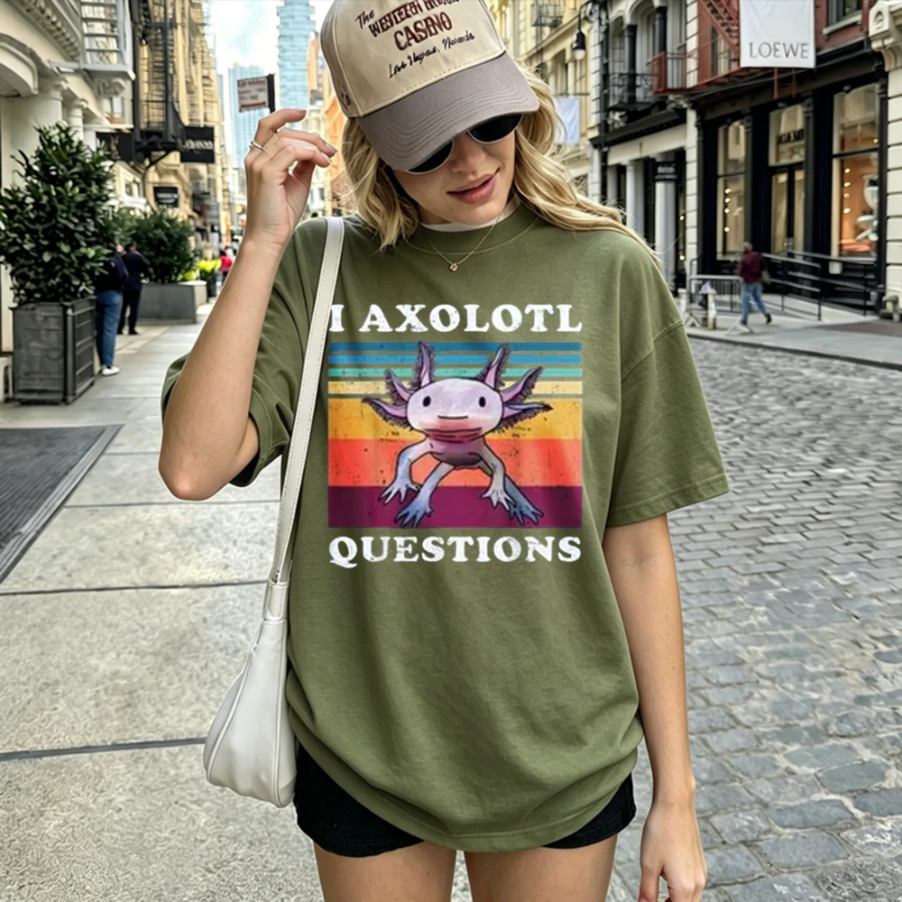 Retro Sunset Gradient Striped Light Purple Axolotl I Axolotl Questions T Shirt Vintage Distressed Cotton Tee Amphibian Pun Tees