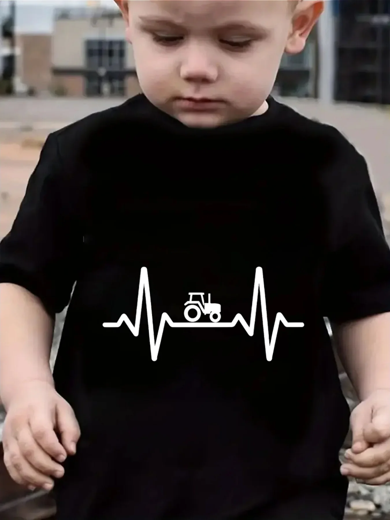Cute Tractor Heartbeat Line Minimal Print Family Matching T Shirt Boys Girls Short Sleeve Parent Child Soft Cotton Casual Tops