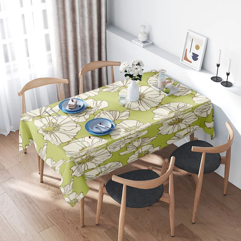 Luxury White Floral Dining Tablecloth Green Flower Printed Home Decor Cloth Cover for Kitchen or Cafe Size180x300cm（White）Online