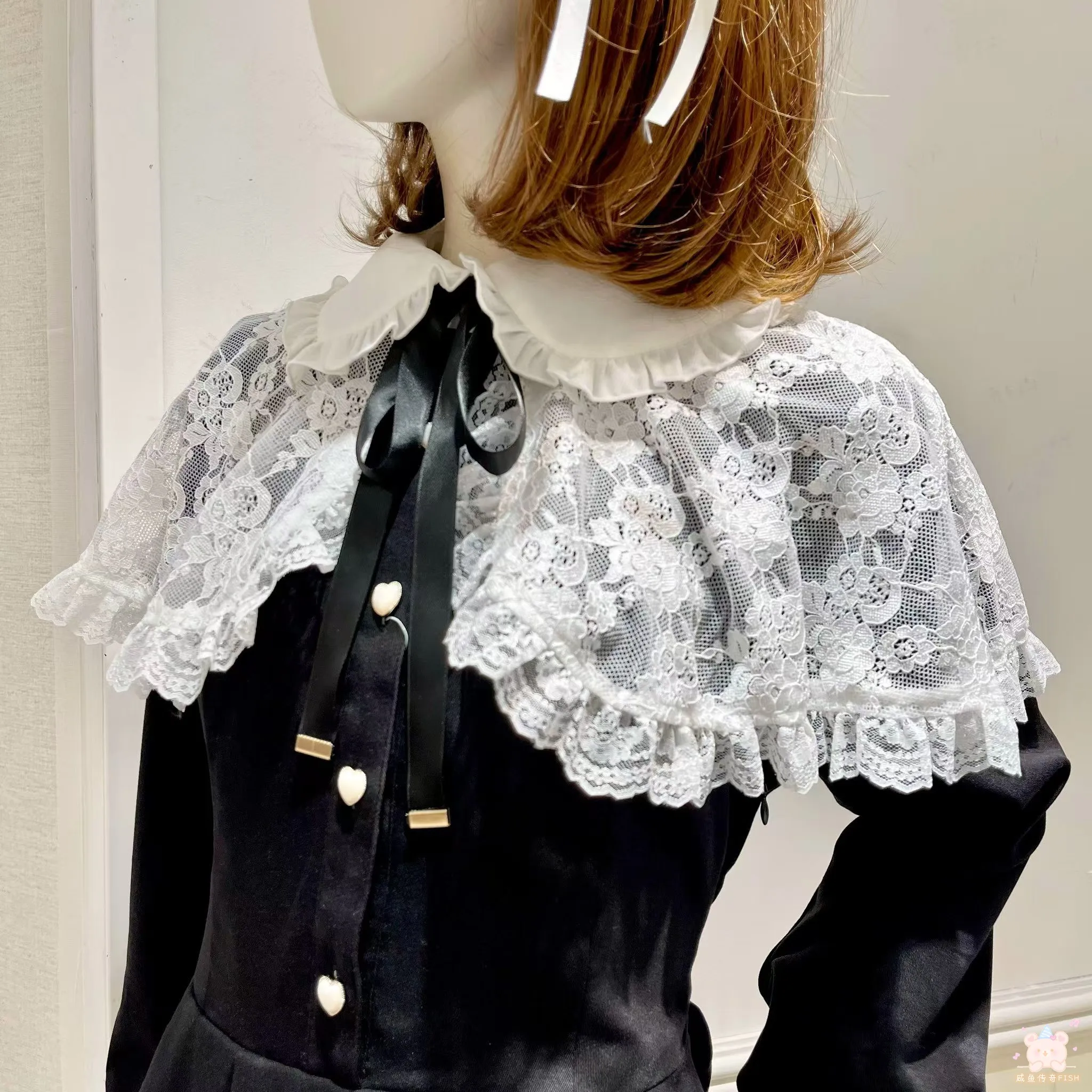 Japanese Mine Style Mass-produced Lace Splicing Cape Doll Collar Bow Long Sleeve Single-breasted Sweet Lolita Short Dress Women