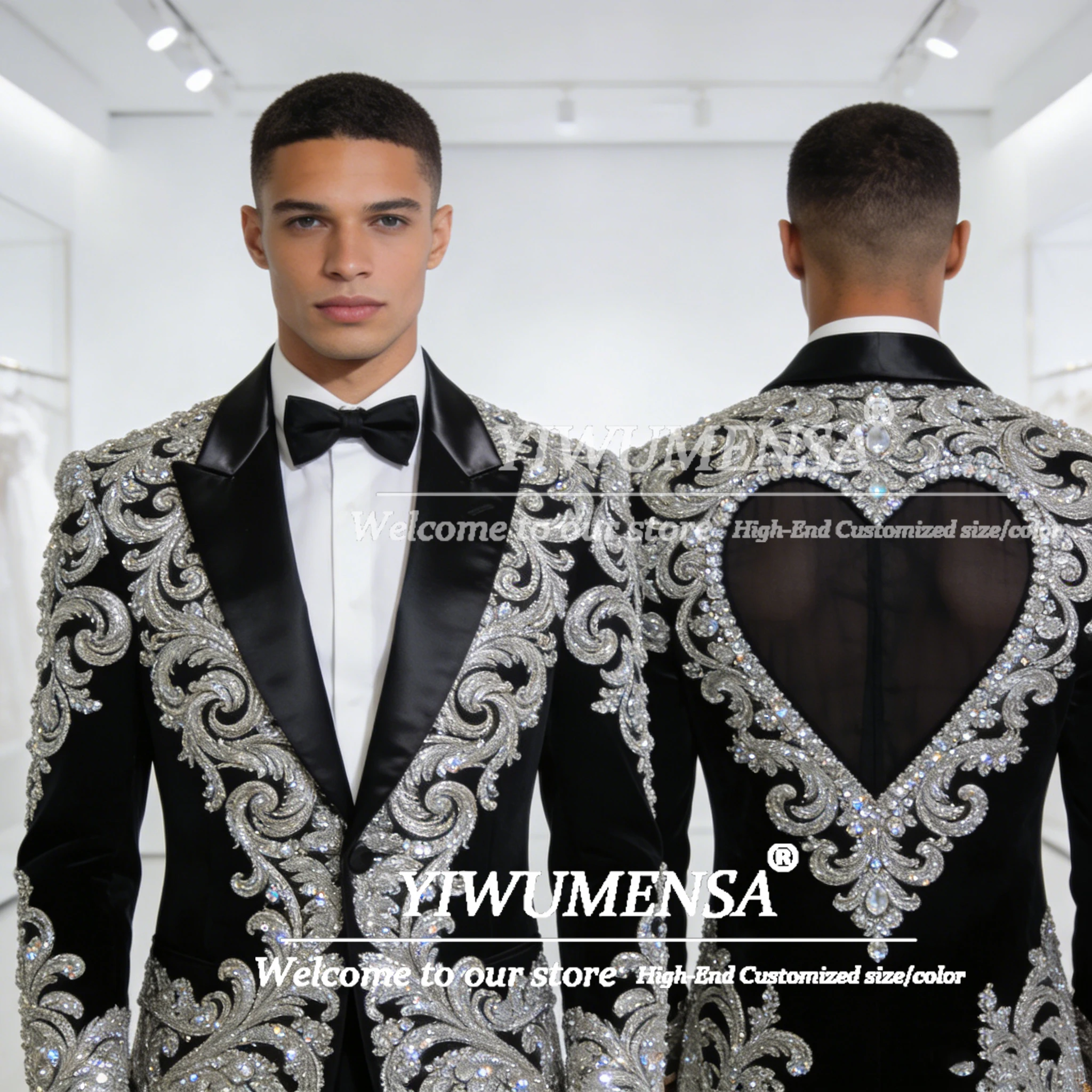

Brilliant Beaded Crystals Groom Wedding Tuxedos 2 Piece Set Customized Cut-Out Design Suit Men Plus Size Groom Blazers Outfits