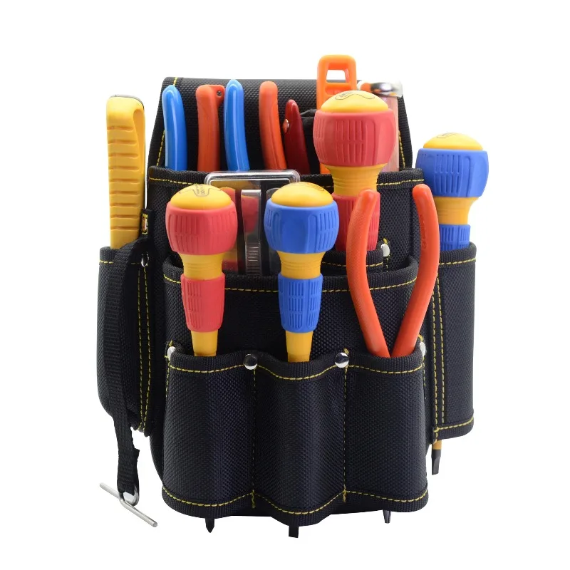 2025 New Tool Pouch，2-Pouches and 3 Screwdriver Loops Construction, Heavy-Duty Tool Bag with Adjustable Belt for Electrici