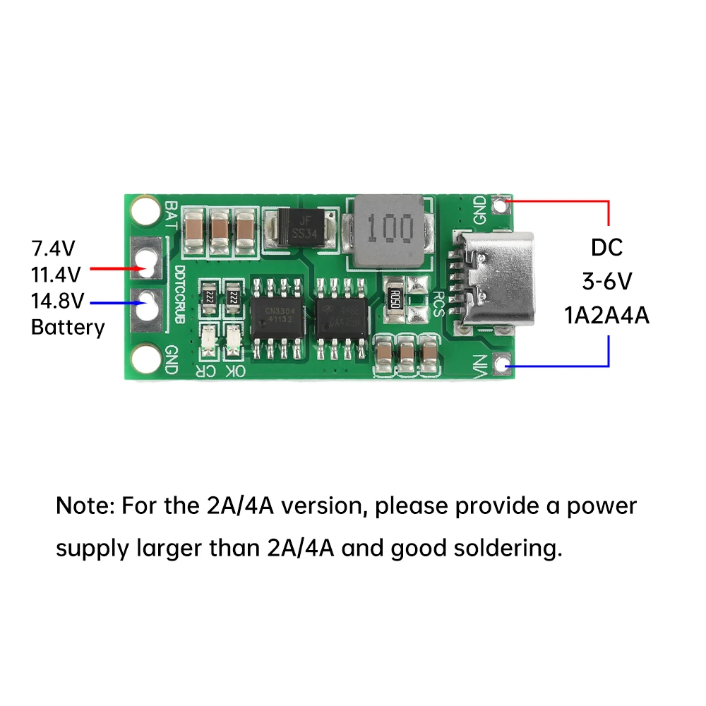 2S/3S/4S 1-4A Lithium Battery Step-up Charging Module Lithium Polymer Battery Charger Module with Type-C Interface