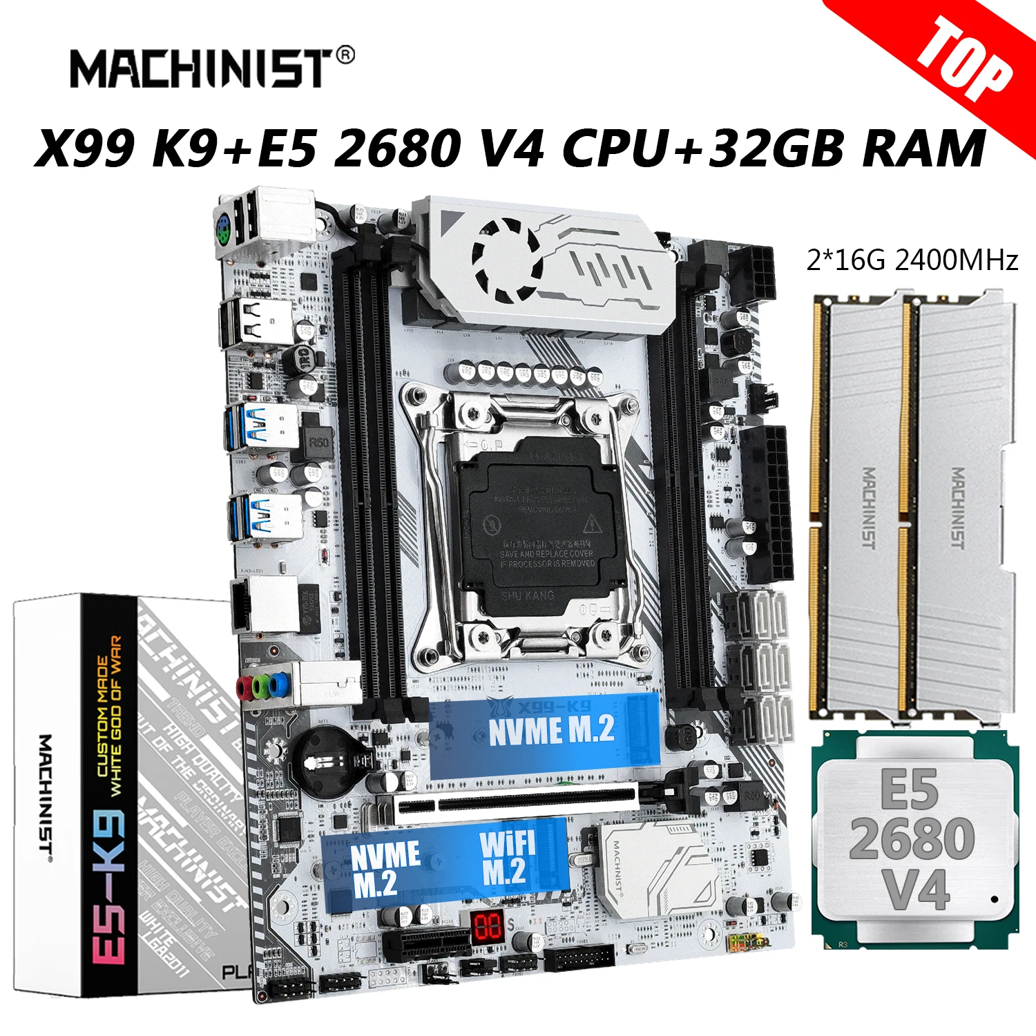 MACHINIST X99 K9 Motherboard Combo LGA 2011-3 Xeon E5 2680 V4 Kit CPU DDR4 32GB RAM 2400MHz Memory NVME M.2 USB 3.0 Four Channel