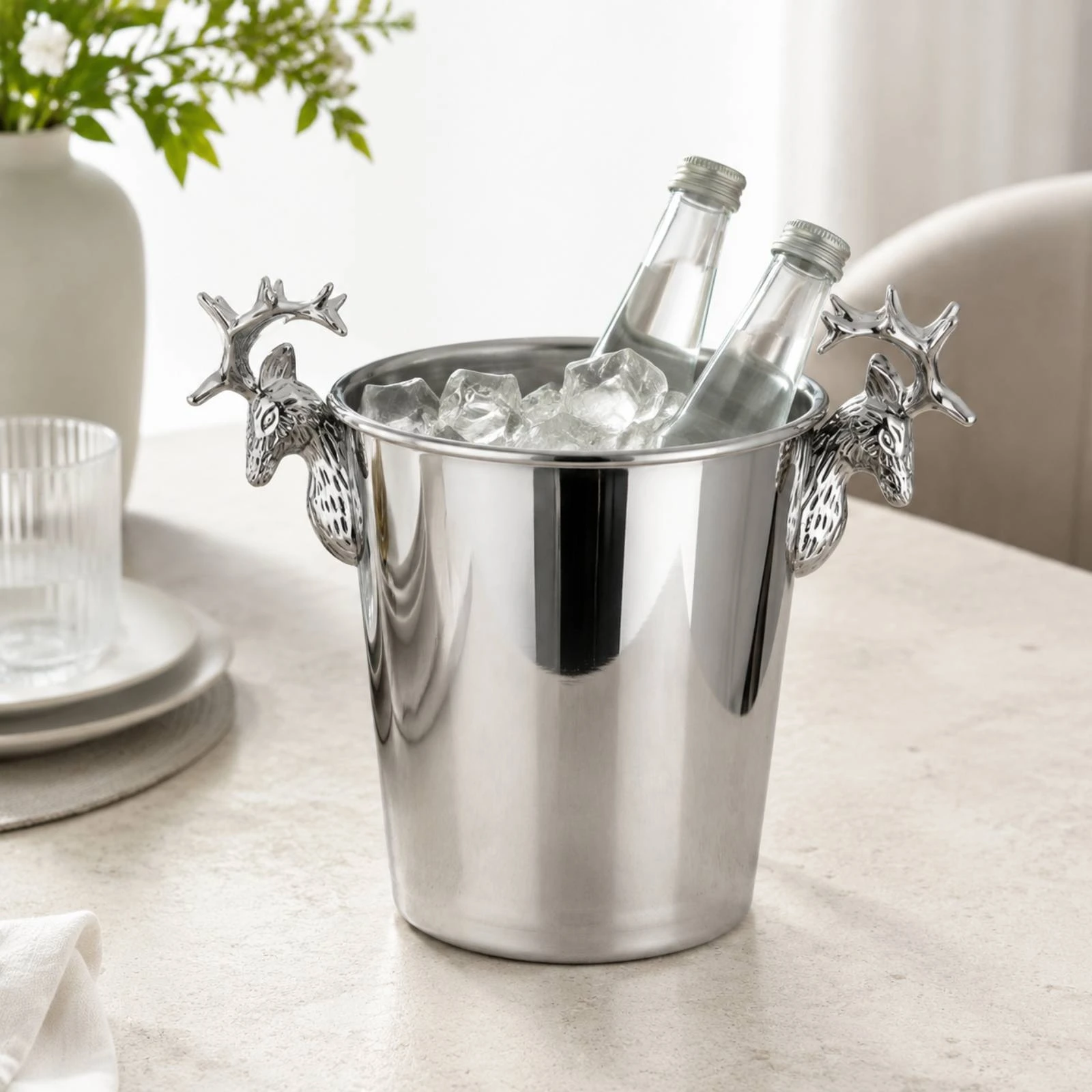 Ice Vessel with Deer-Head Handles Elegant Stainless Steel Ice Vessel Wine Chiller Eye-Catching Barware Rust-Resistant