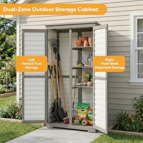 Outdoor Storage Cabinet with Shelves, Wood & Plastic Garden Shed, Weatherproof Outside Tool Cabinet for Patio