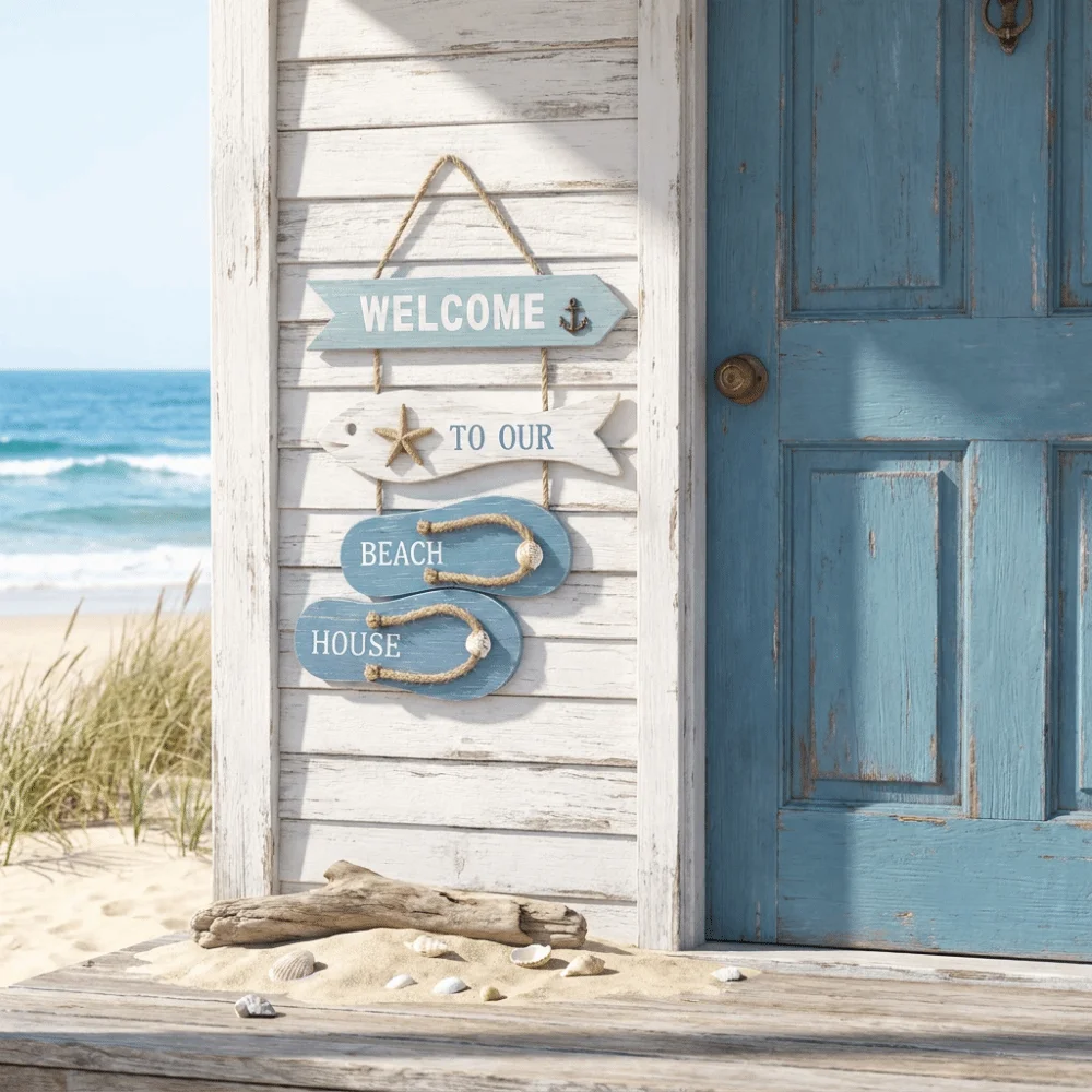 Marine Style Wooden Wall Hanging Ocean Theme Farmhouse Door Sign Flip Flop Shape Artistic Design Wall Hanging Pendant
