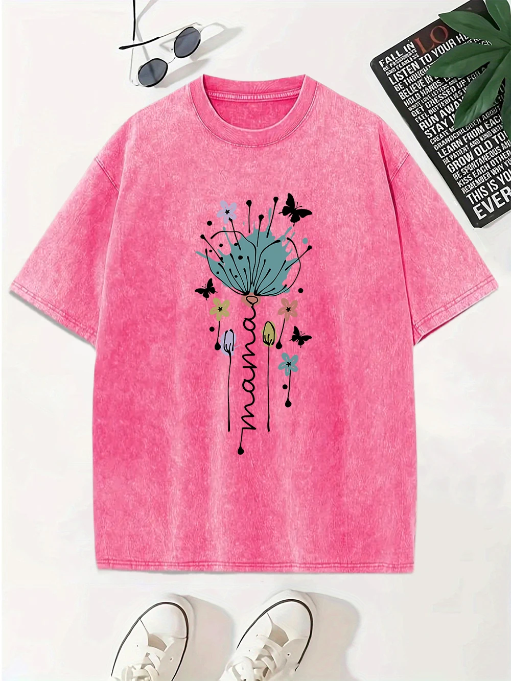 

Falling Flowers And Butterflies Prints Washed T-Shirt Women Cotton Oversize T Shirt Casual O-Neck Distressed Tops Summer Clothes