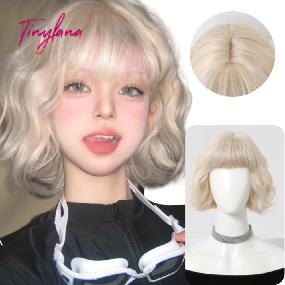 Platinum Blonde Short Bob Wavy Synthetic Wig with Bangs Fluffy Natural Heat Resistant Fiber Cosplay Daily Party Wig for Women