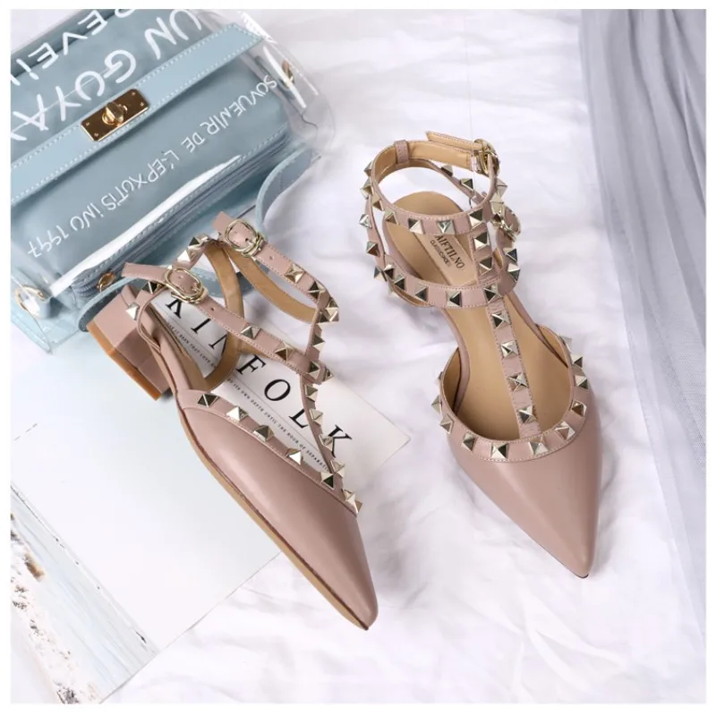 Luxury High Quality Pointed Rivet Sandals Pumps 2023 Genuine Leather New Versatile Bare Feet Lace Up Square Heels Women\'s Shoes