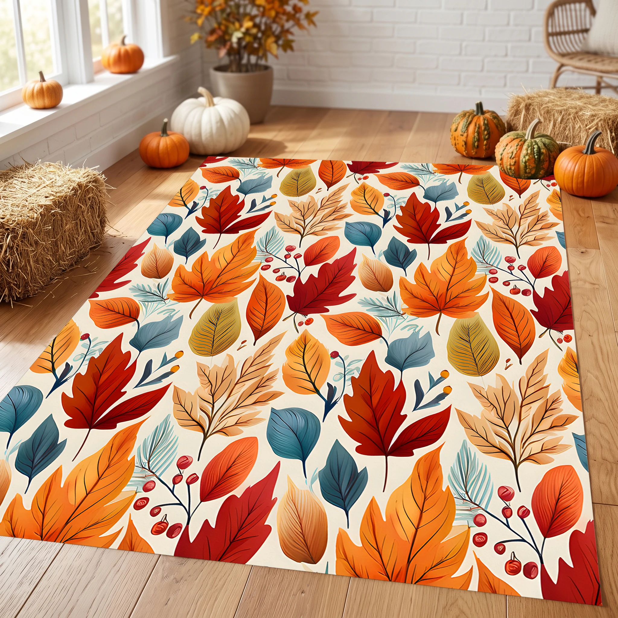 Velvet Rug Colorful Autumn Leaf Red Berry Print Warm Retro for Living Room Bedroom Bedside Home Decor