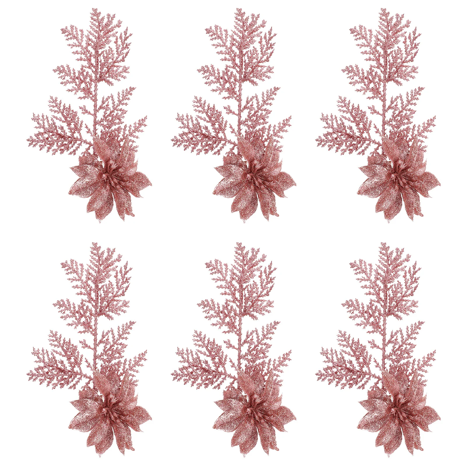 

6pcs Christmas Decor Glitter Artificial Flower Pine Branches For Tree Table Setting Supply Xmas Fake Flower Simulation Blooms