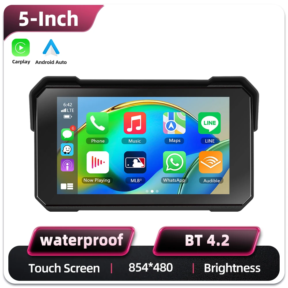 Podofo 5 inch IPS touchscreen motorfiets smart player IP68 waterdichte draagbare GPS-navigator draadloze Carplay Android Auto Bluetooth motorfiets audioapparaat