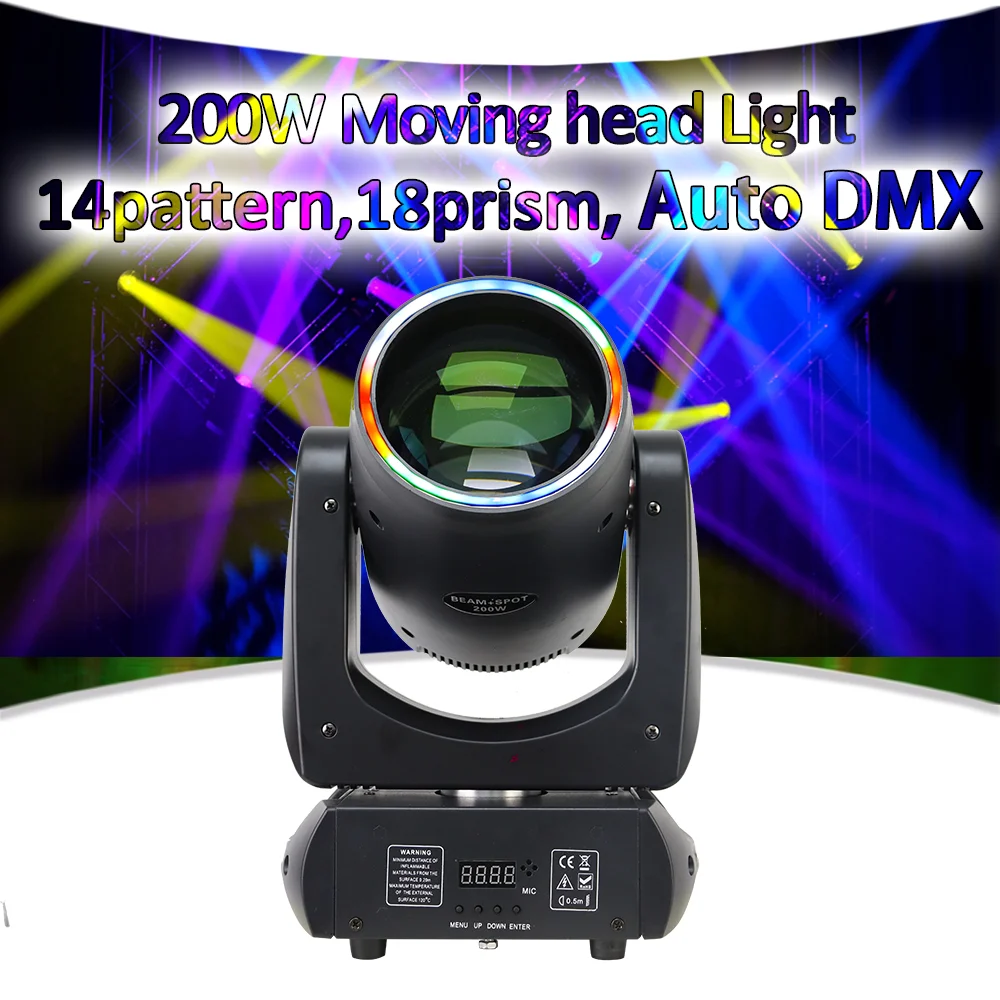 200W Moving Head light with ring Spot light Colorful 14 Gobos 18 prisms Auto Sound DMX control For Disco DJ party stage show