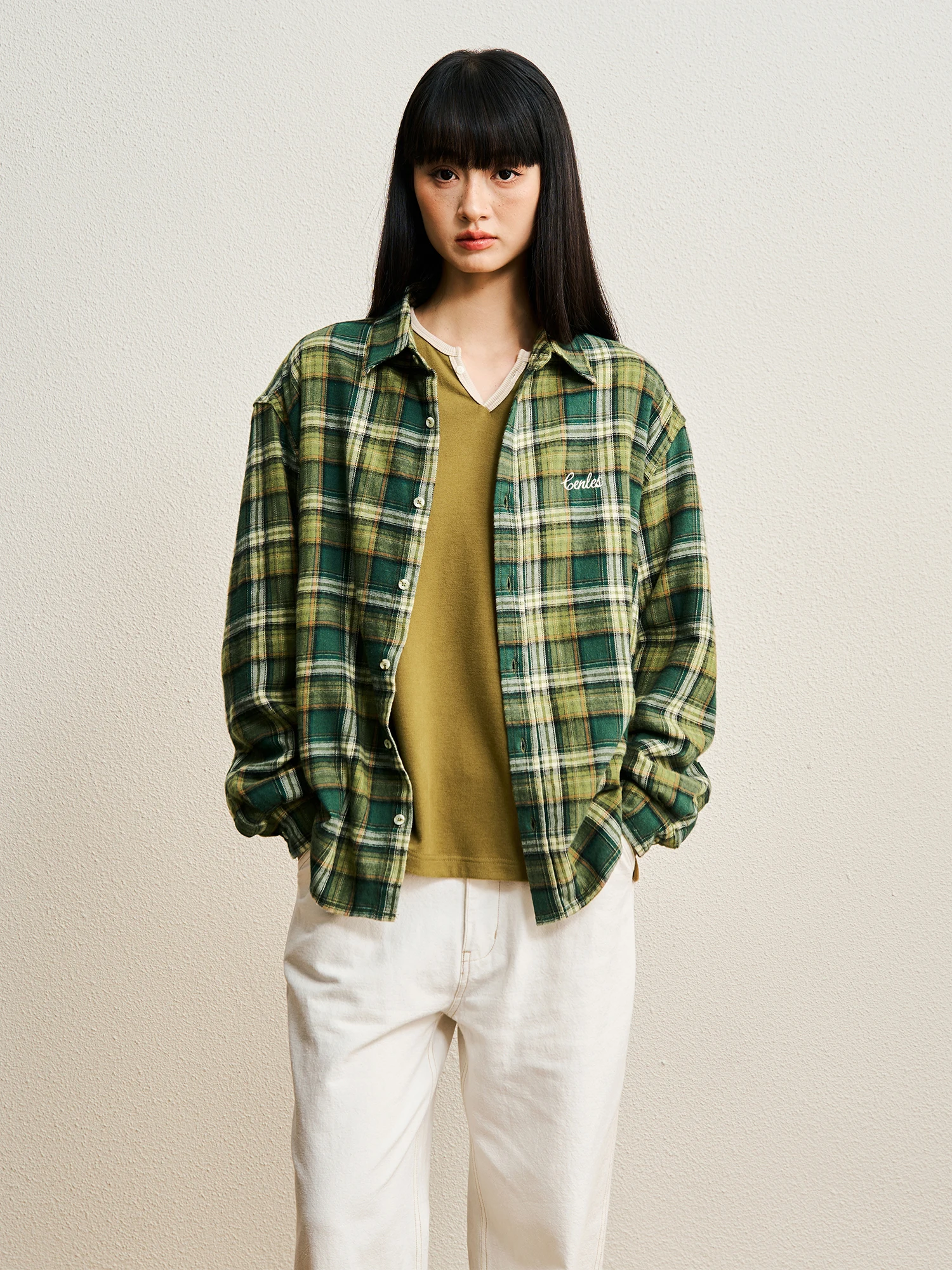 CENLES AW26 Plaid Flannel Long Sleeve Shirt Loose Casual Commute Outerwear Men's Fashion Breathable Comfortable Vintage Style