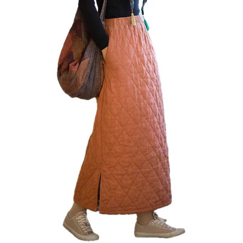 A Style Vintage Women Winter Ramie Cotton Skirts Elastic Waist High Waist 2025 Chinese Style Plus Cotton Warm Thick Long Skirts