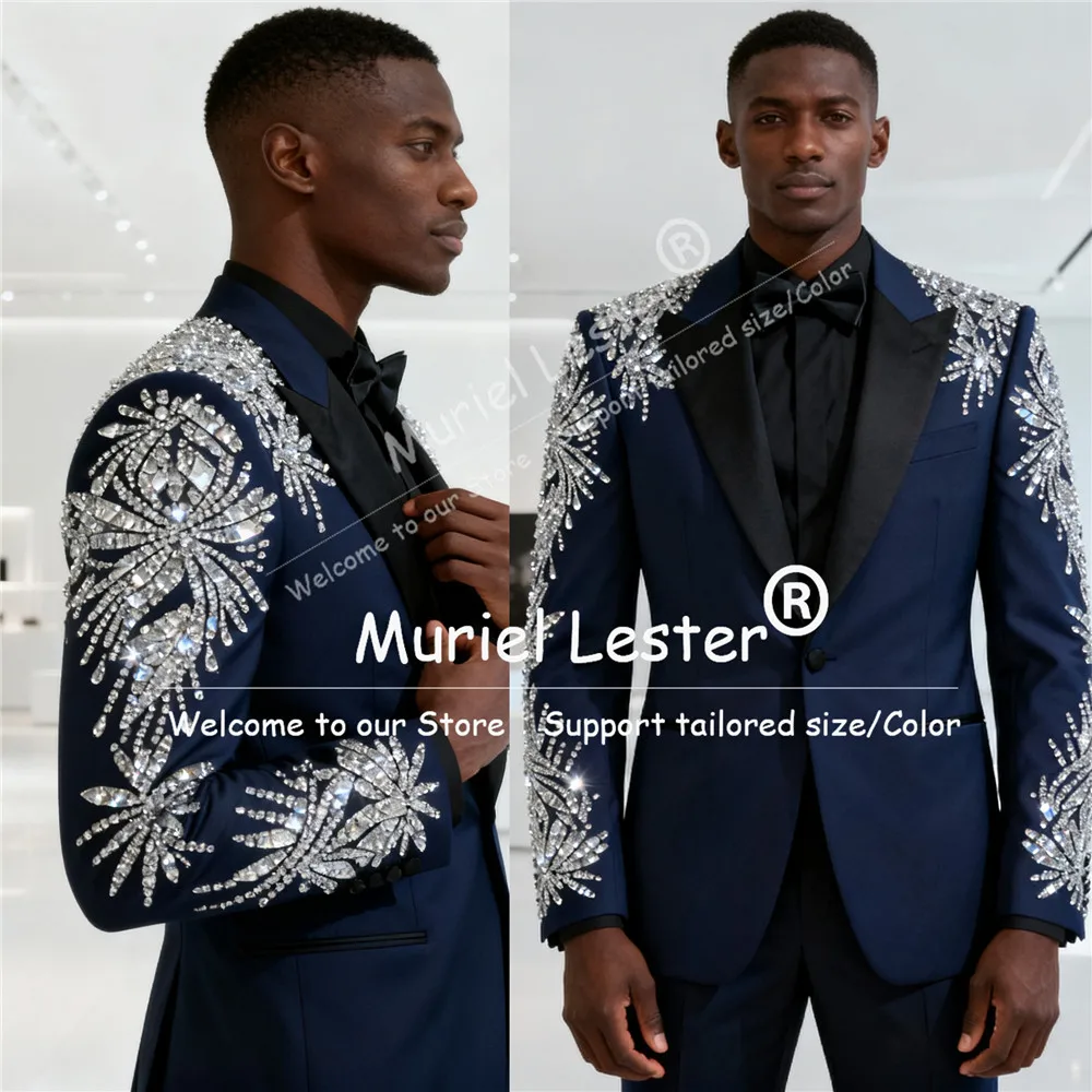 

Luxury Rhinestone Men Suits Sparkling Crystal Tuxedos Wedding Party Outfits Customized Blazer Pants 2 Pieces Set terno masculino
