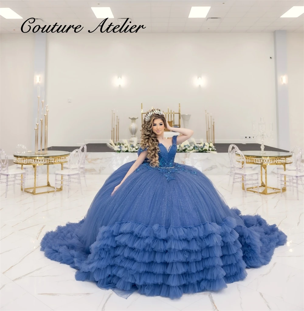 Glinsterend Blauw 15-jarig Quinceanera Jurken Kralen Kristal Applique Ruches Trein Bruiloft Baljurk vestidos de xv jaar Aangepast