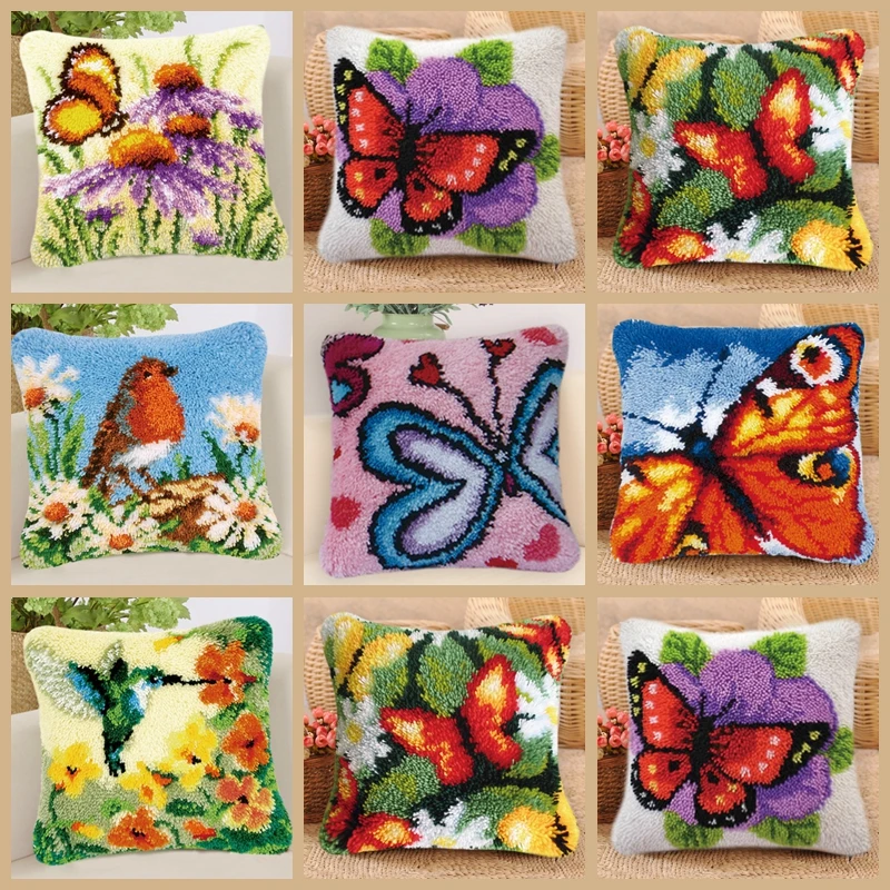 

Flowers Butterfly Embroidery Hand Knitted Pillow Materials Plant Series DIY Handcraft Section Embroidered Coarse Wool Carpet