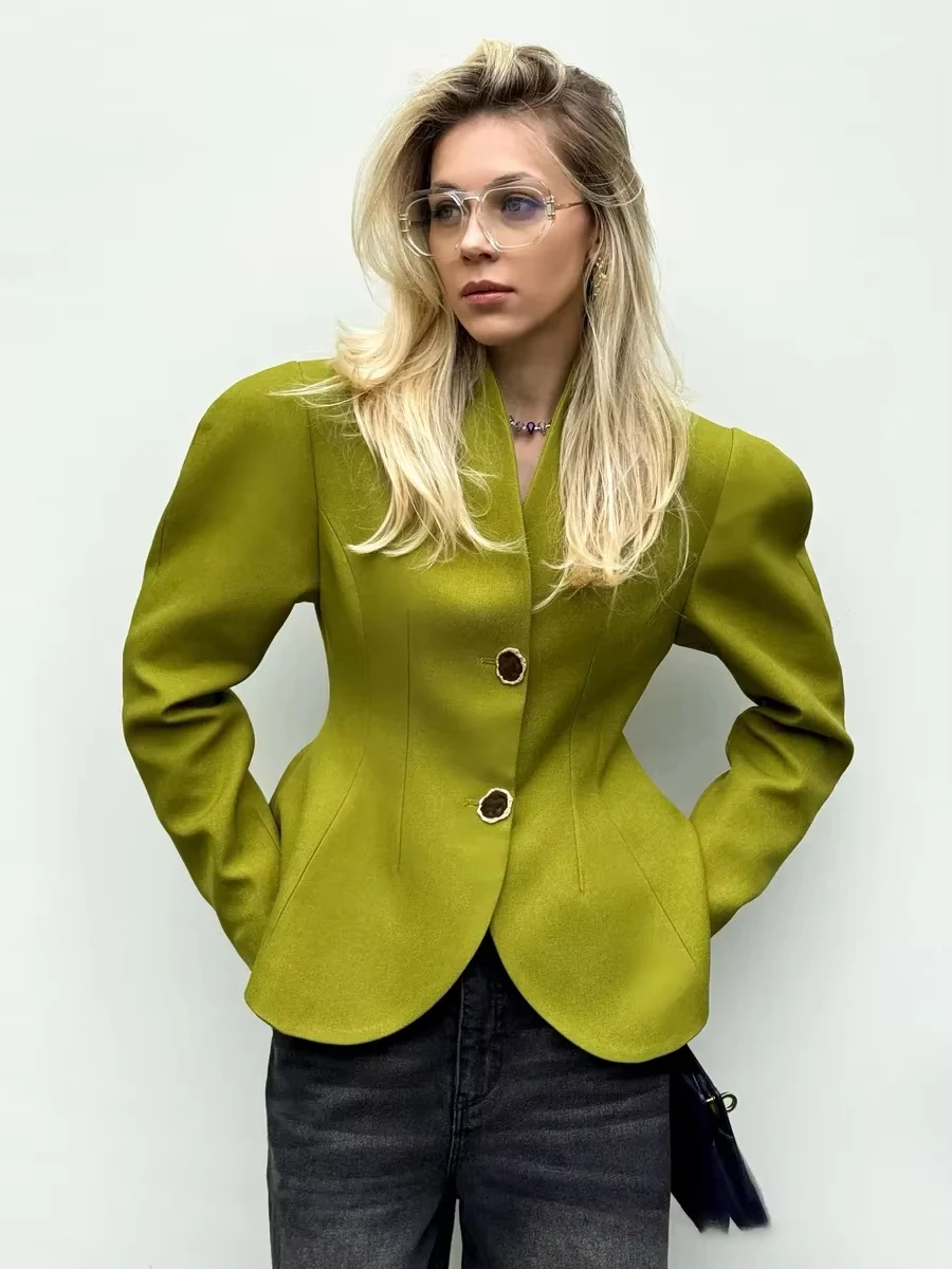 2026 Spring Women Blazer Collarless Deep V Neck Padded Shoulder Single Button Green Suit Jacket