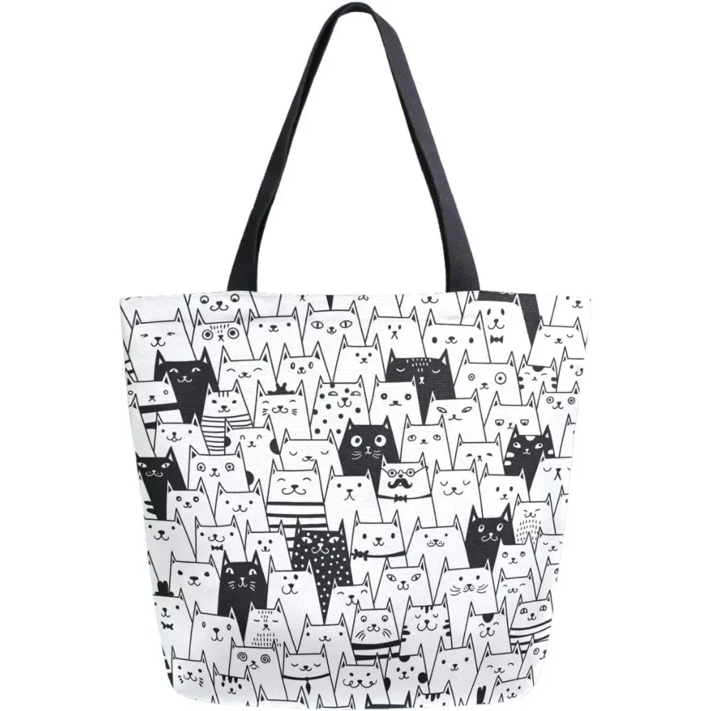 Cute Cartoon Black White Cats Pattern Large Market Beach Travel Reusable Grocery Shopping Tote Bag Portable Storage HandBags