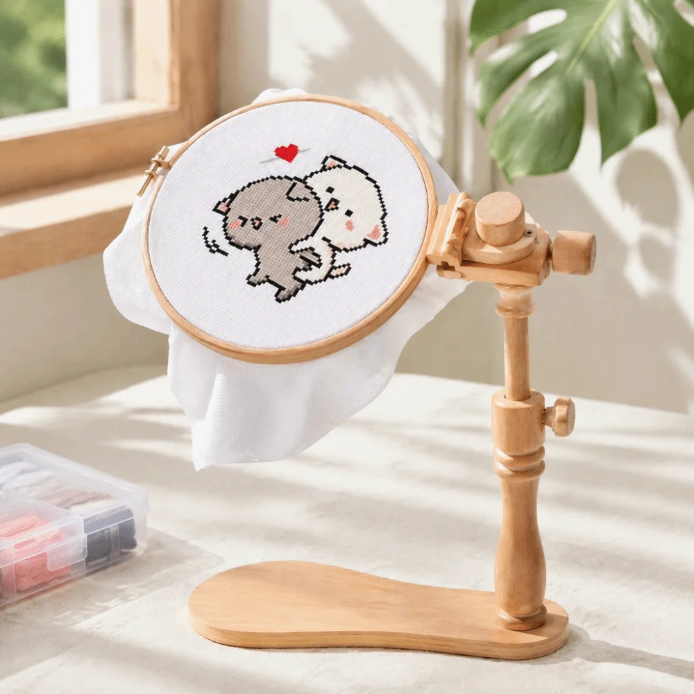 Adjustable Height Extender Embroidery Hoop Stand 360° Rotatable 6.3 in Wood Hoop Cross Stitch Ring Frame Beech Wood