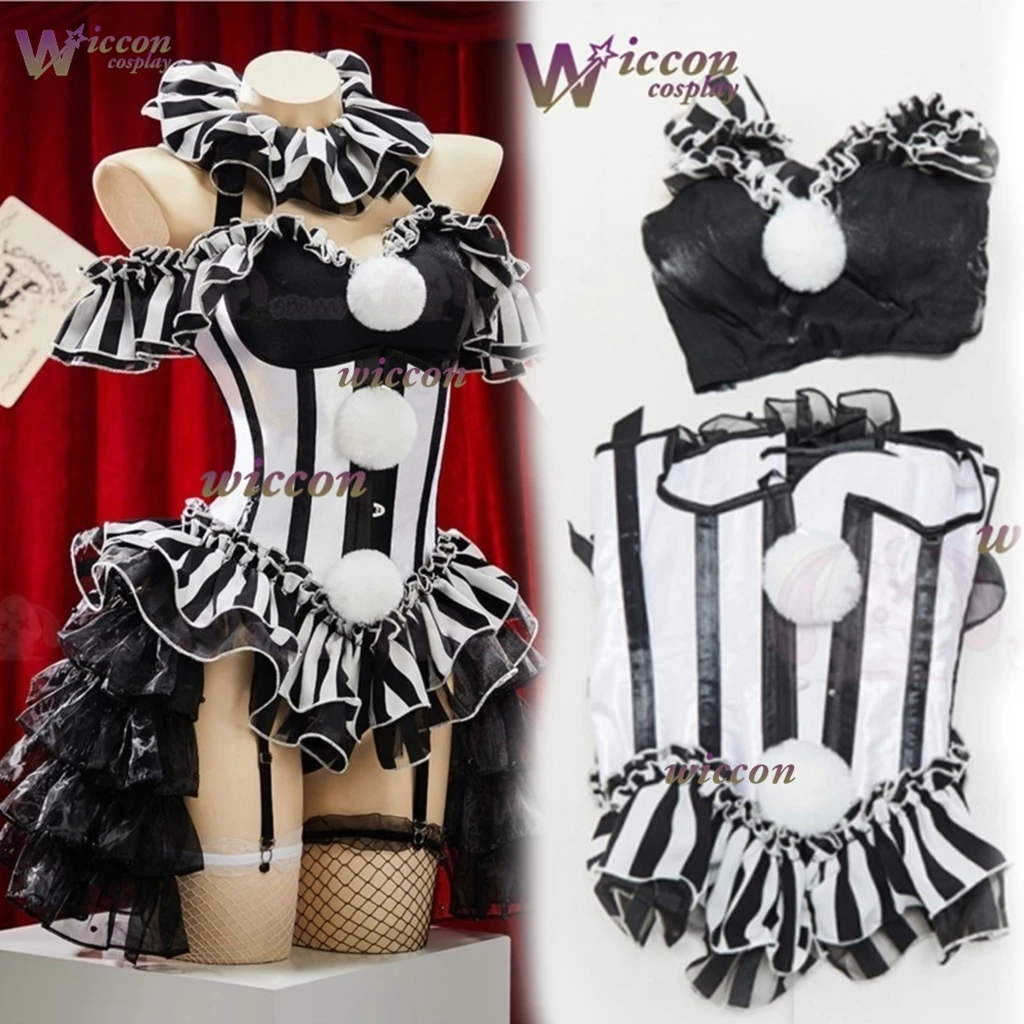 The Freak Circus Pierrot Original Striped Clown Gothic Dark Waist Cincher Mini Skirt Niche Design Corset Top Cosplay Costume Cos view 2