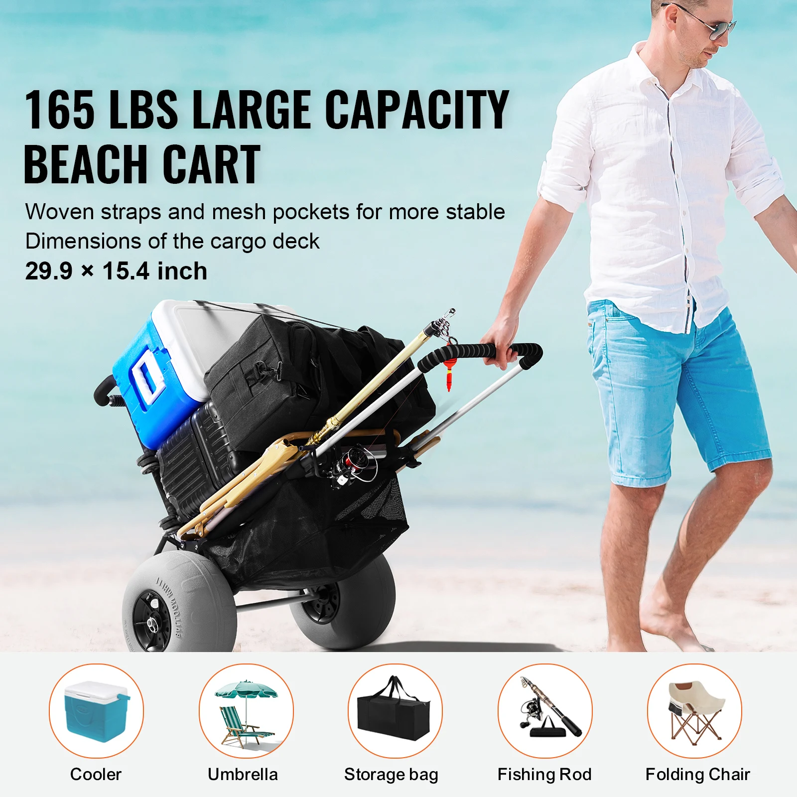 Factory Direct 2026 SucceBuy Beach Dolly with Big Wheels for Sand 165LBS Loading Capacity Folding Sand Cart with Cargo Deck Ball