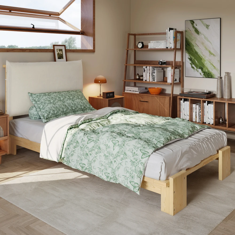 PINGGO Samtbezogenes Einzelbett für Kinder, weiche Rückenlehne, stabiler Rahmen, 90 x 200 cm, Bettgestell aus Kiefernholz, Schaumstoff und Sperrholz, ohne Matratze – Detail 6