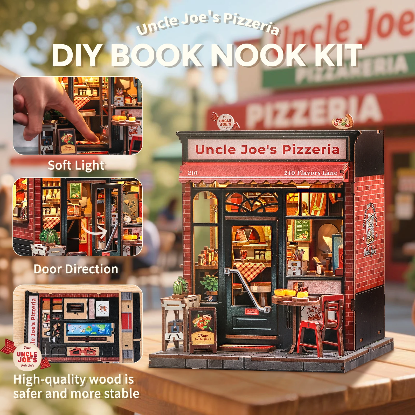 Original CUTEBEE Uncle Joe's Pizzeria Book Nook Kit DIY Miniature House Dollhouse Booknook Pizza Shop Tiny House Bookshelf Decor 3D Wooden Puzzle for Adults and Teens, DIY Craft Gifts