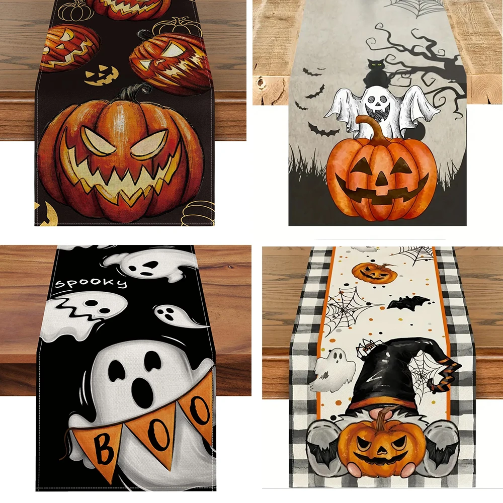 Camino de mesa de Halloween, cubierta de mesa, Decoración de mesa de comedor, camino de mesa impreso de calabaza fantasma de lino, decoraciones de fiesta de Halloween 2024