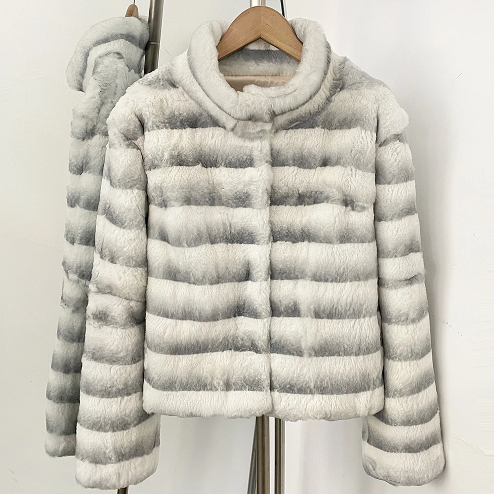 

Womens Luxury Real Fur Coat Natural Fur Luxury Real Rabbit Fur Jacket White Horizontal Striped Fur Coat New Winter Outerwear