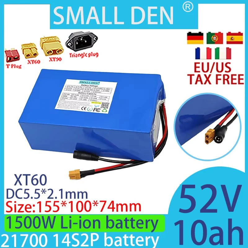 New 52V 10ah 21700 lithium battery pack 14S2P motorcycle 100-1500W high-power bicycle scooter electric vehicle+2A 3A 5A  charger