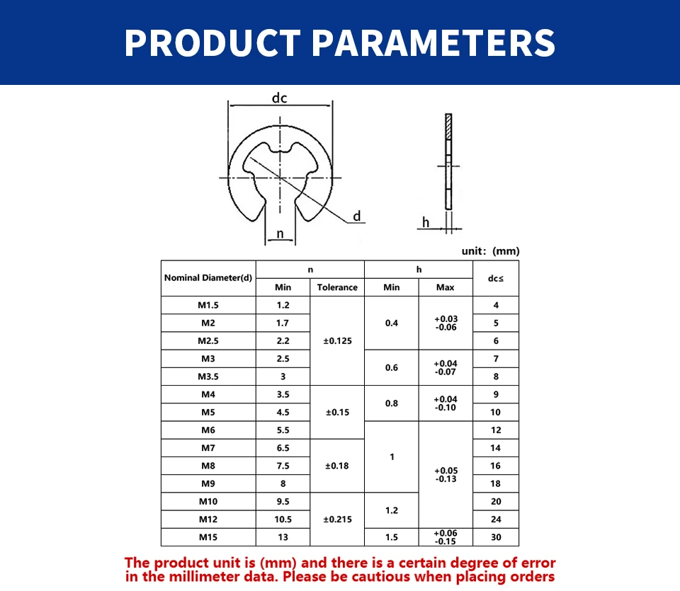 304 Edelstahl E-Ring-Unterlegscheiben GB896 DIN6799 E-Clips Wellensicherungsringe Sicherungsringe Befestigungselemente Sortiment M1.5-M15 – Detail 3