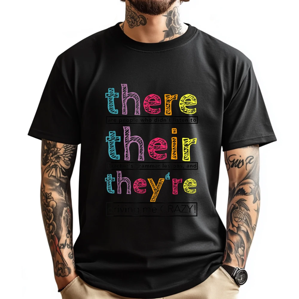 

There Their They are English Grammar Teacher Humor Red And Black Graphic T Shirt Men Clothes Big Size Birthday