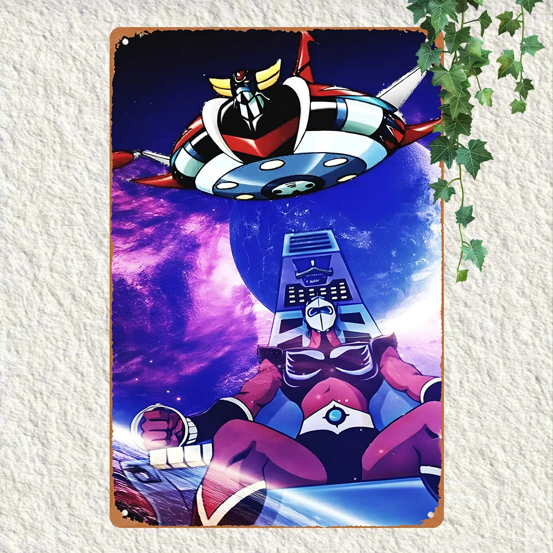 Metal Sign with Anime-Inspired Artwork - Waterproof & Dustproof, Featuring Robots Spaceships in Cosmic Battle for Home, Bar, Caf