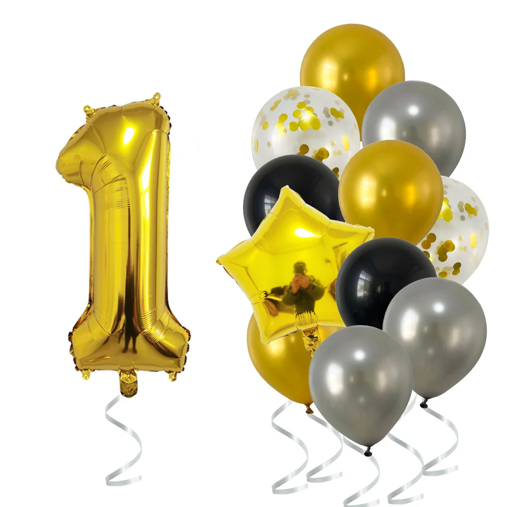 14 Pcs Gold Silver Black Mixed Balloons 1 2 3 4 5 6 7 8 9 Years Old Birthday Party Decoration Kids First Birthday Decor supplies