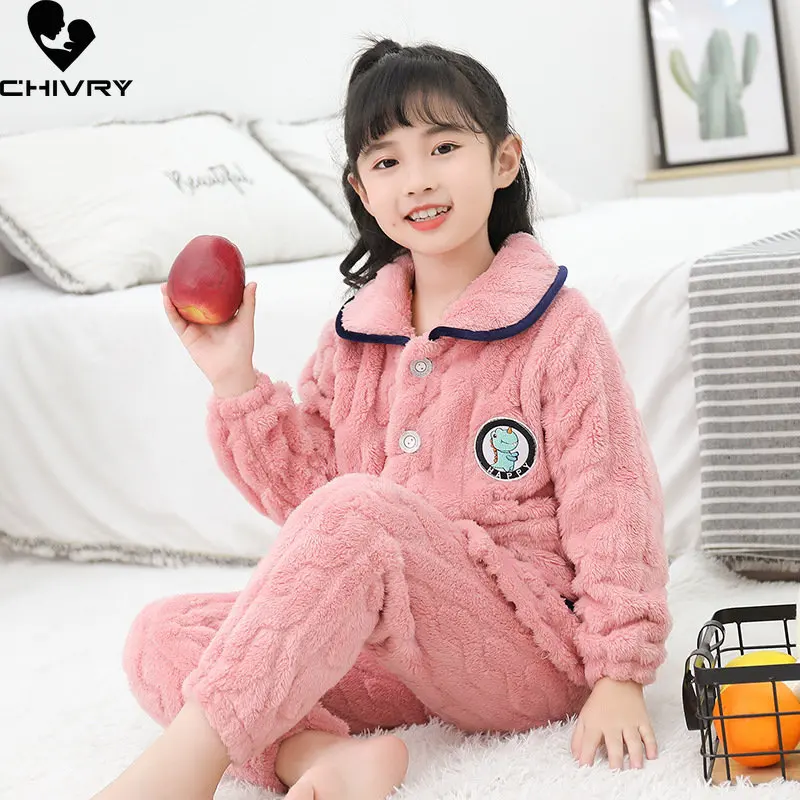 Conjunto de pijama de franela gruesa y cálida para niños y niñas, ropa de dormir de manga larga con solapa y dibujos animados, otoño e invierno, novedad de 2022