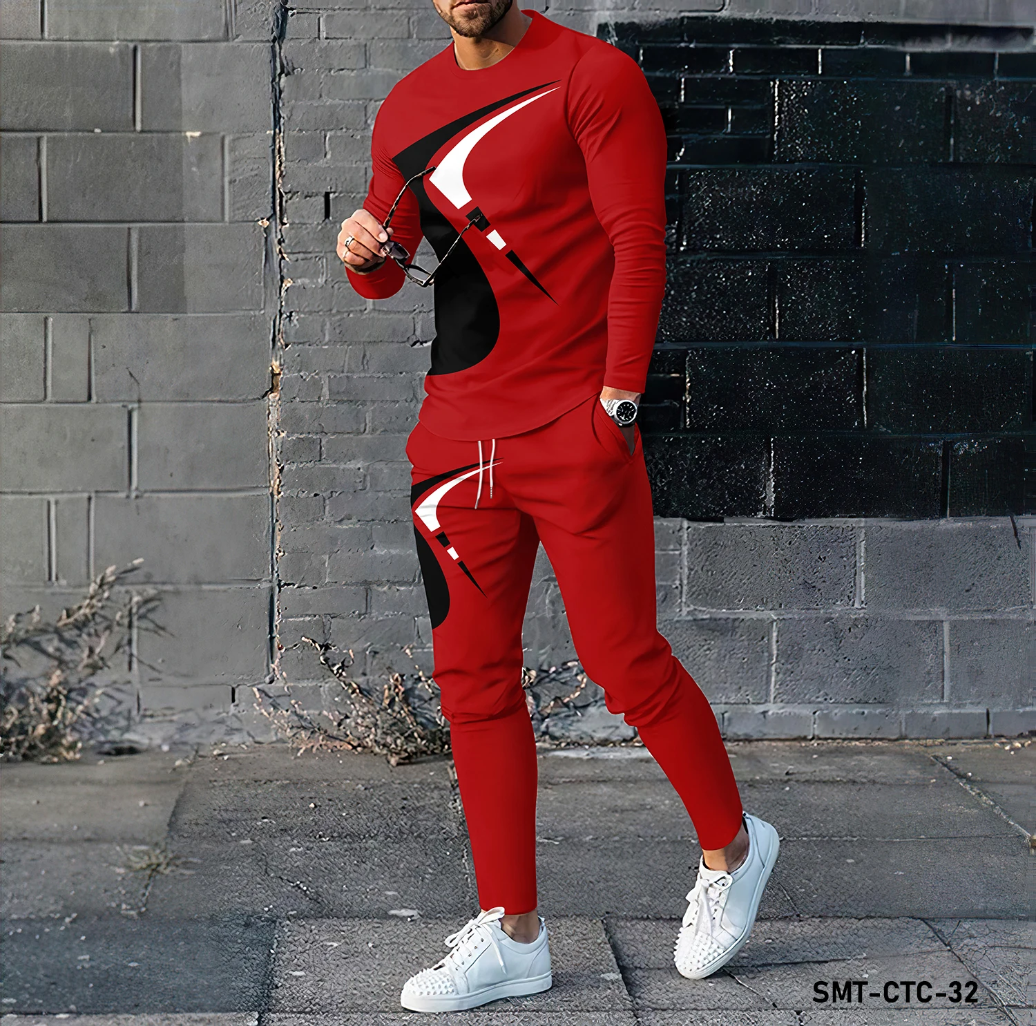 Men\'s long sleeved T-shirt and pants two-piece set with blue red and black 3D digital printing for casual sports polyester set