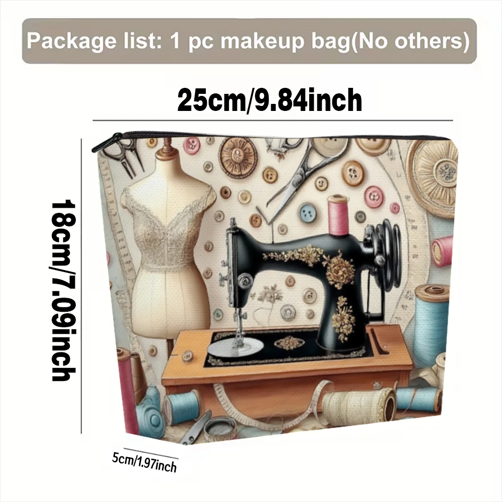 Vintage Sewing Machine&Fabric Printing Cosmetic Bag Zippered Makeup Organizer Pouch Lightweight Foldable Travel Case Storage Bag