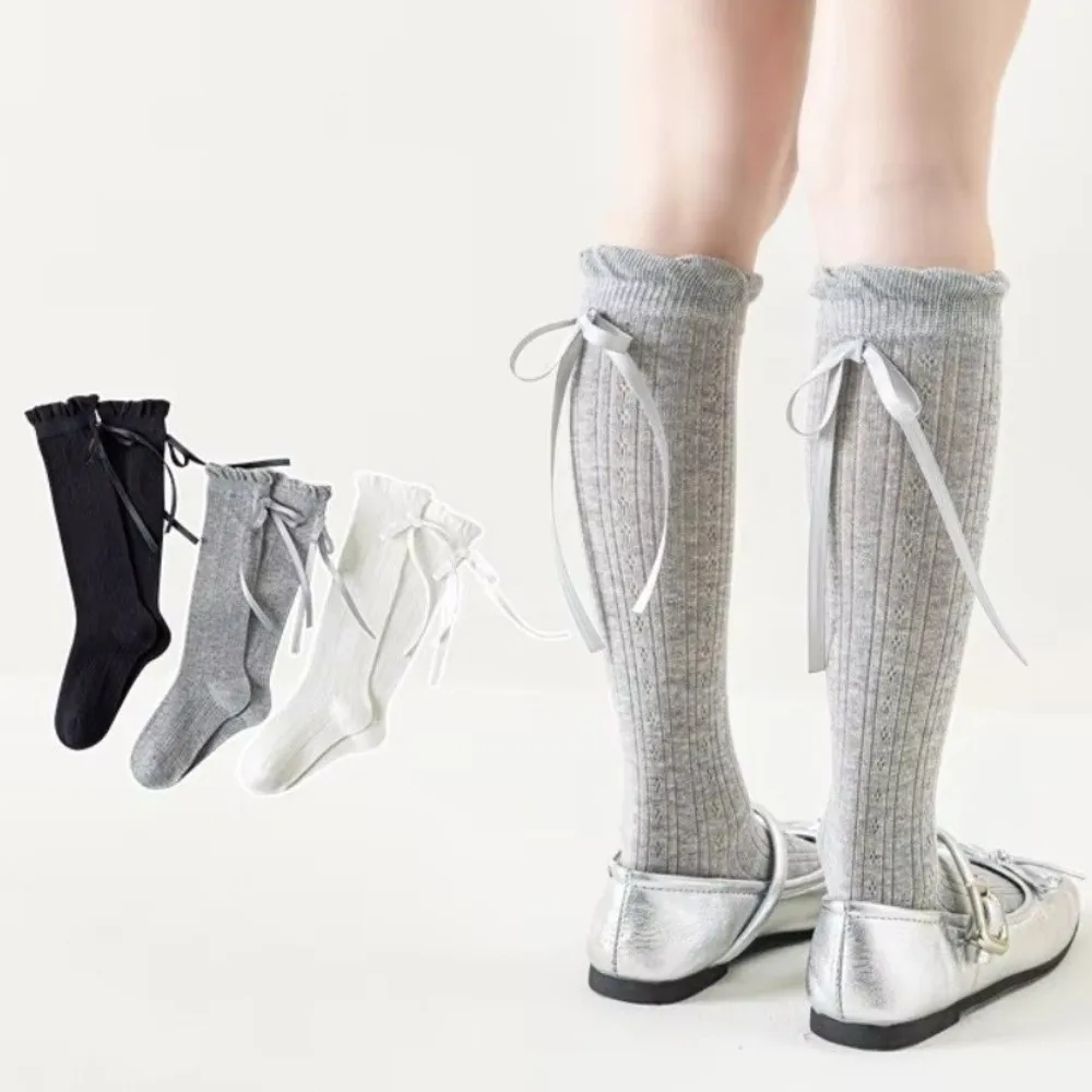 1 Pair Bow Design Mesh Kids Long Socks Thin Solid Color Knee High Socks Soft Long Length Baby Girl Socks 3-12Years Girls