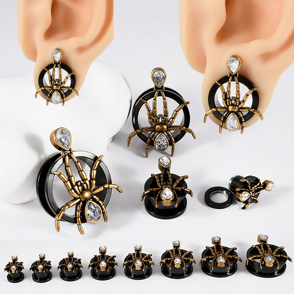 1-2PCS Copper Gem Spide Ear Tunnels&Plugs Expander Weight Ear Gauges Stretchers Earring Black Surgical Steel Saddle Body Jewelry