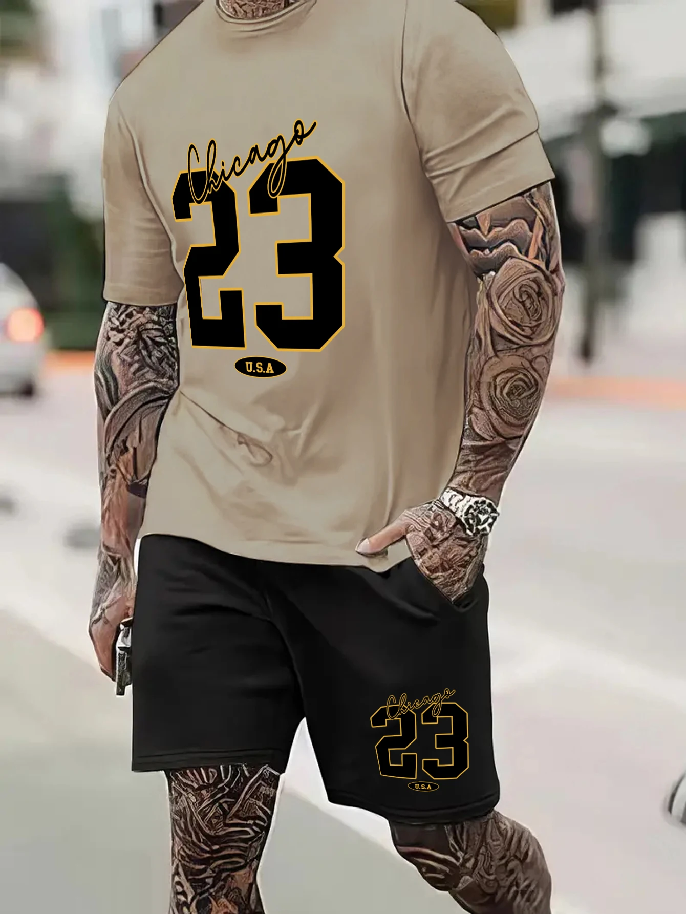 Short-sleeved shorts summer suit men\'s t-shirt trend printing round neck men\'s set with gangster handsome sports two-piece suit