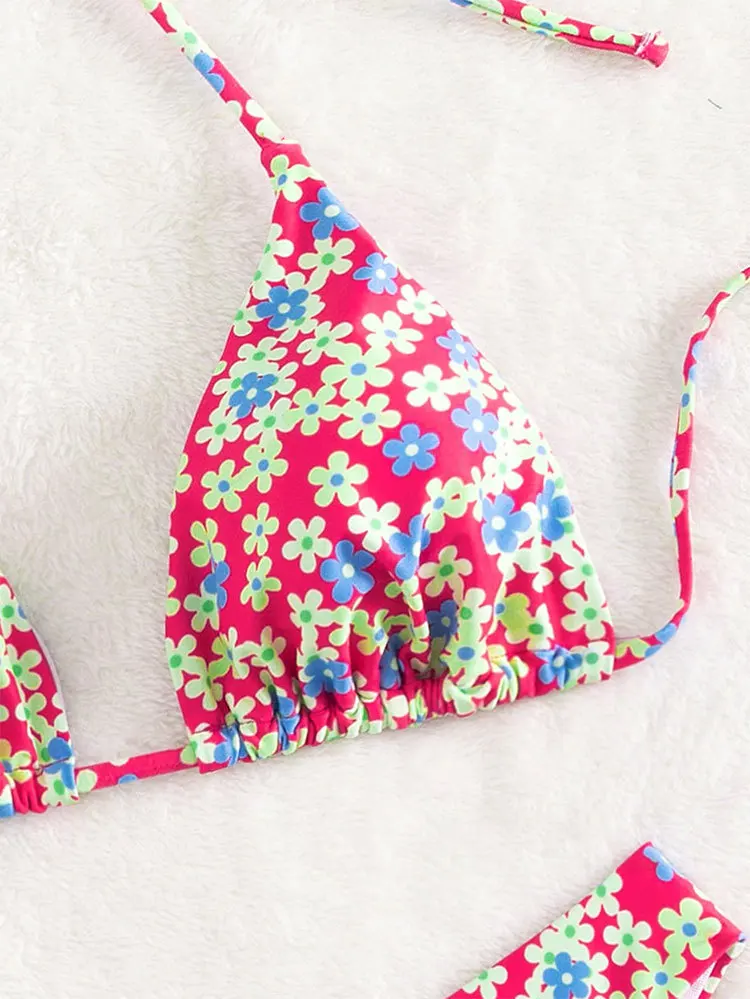 Mini bikini con scollo all'americana per donna Costume da bagno stampato floreale Abbigliamento da spiaggia estivo Costume da bagno con micro triangolo 2025