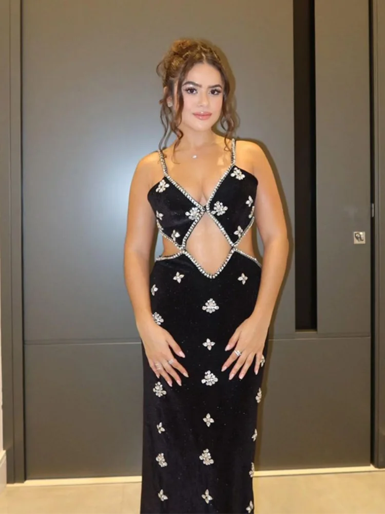 Mulheres preto recorte brilhante deslizamento vestido sexy com decote em v sem mangas sem costas magro ajuste vestidos senhora 2025 novos vestidos de verão de rua alta