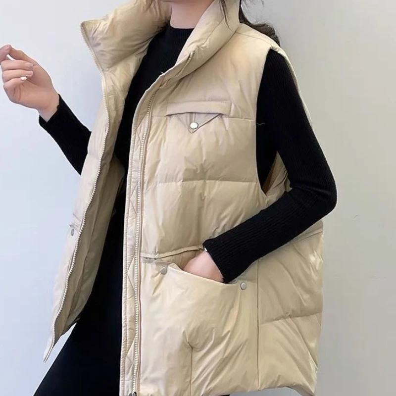 Sleeveless Parkas Women Solid Stand Collar Loose Short Overcoat Stripped-down Elegant Casual High Street Warm Winter Outwear